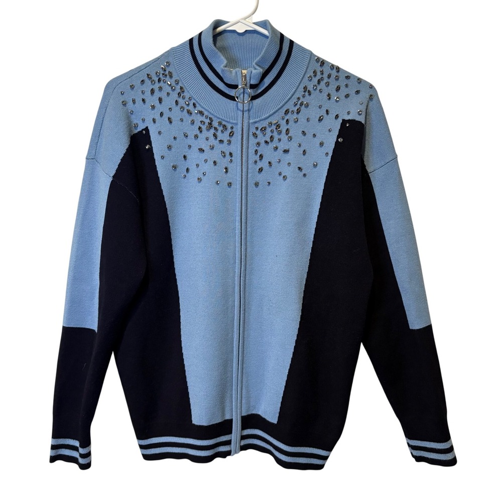 Sandro Blue Colorblock Embellished Zip Up‎ Track Jacket Sweater Knit Women Small